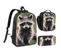 KOUUIP cute raccoon print Backpacks With Lunch Pack Pencil Case 3pcs, Lightweight Bookbag Unisex for Traveling