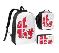 KOUUIP Danish Flag Map print Backpacks With Lunch Pack Pencil Case 3pcs, Lightweight Bookbag Unisex for Traveling