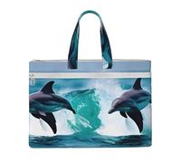 KOUUIP Dolphins in the sea 1 Canvas Document Bag with Print 10.6 * 15 Inch, 2 Zipper Pockets, Clutter-Free for Office Files