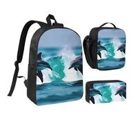 KOUUIP Dolphins in the sea 1 print Backpacks With Lunch Pack Pencil Case 3pcs, Lightweight Bookbag Unisex for Traveling