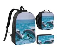 KOUUIP Dolphins in the sea print Backpacks With Lunch Pack Pencil Case 3pcs, Lightweight Bookbag Unisex for Traveling