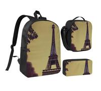 KOUUIP Eiffel Tower Paris print Backpacks With Lunch Pack Pencil Case 3pcs, Lightweight Bookbag Unisex for Traveling
