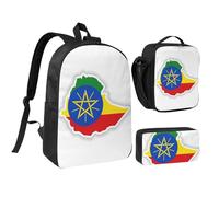 KOUUIP Ethiopia Flag Map print Backpacks With Lunch Pack Pencil Case 3pcs, Lightweight Bookbag Unisex for Traveling