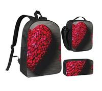 KOUUIP Falling Red Hearts print Backpacks With Lunch Pack Pencil Case 3pcs, Lightweight Bookbag Unisex for Traveling