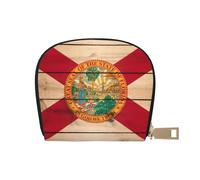 KOUUIP Florida flag wood grain print Womens Credit Card Holder Wallet Zip Leather Card Case Card Holder Unisex For Men And Women, White, One Size