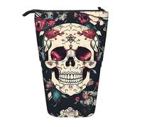 KOUUIP Flowers Skull Ornamental Pattern print Telescopic Pencil Bag Pen Holder Stationery Case, Stand-up Retractable Bag Standing Organizer