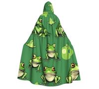 KOUUIP Funny Green Frogs print Medieval Hooded Cloak with hood Cape Adult Halloween Cosplay Robe Wizard Costume For Women Men