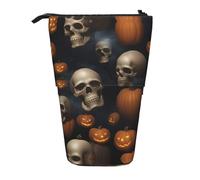 KOUUIP Halloween Skull print Telescopic Pencil Bag Pen Holder Stationery Case, Stand-up Retractable Bag Standing Organizer