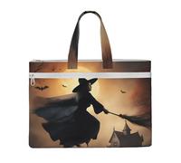 KOUUIP Halloween Witch Flying 2 Canvas Document Bag with Print 10.6 * 15 Inch, 2 Zipper Pockets, Clutter-Free for Office Files