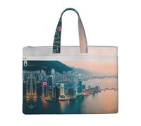 KOUUIP Hong Kong Canvas Document Bag with Print 10.6 * 15 Inch, 2 Zipper Pockets, Clutter-Free for Office Files