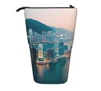 KOUUIP Hong Kong Printed Telescopic Pencil Case Pen Holder Stationery Retractable Stand Up Organizer Bag, Black, Taglia Unica