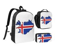 KOUUIP Iceland Flag Map print Backpacks With Lunch Pack Pencil Case 3pcs, Lightweight Bookbag Unisex for Traveling
