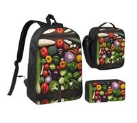 KOUUIP Introduction of various vegetables print Backpacks With Lunch Pack Pencil Case 3pcs, Lightweight Bookbag Unisex for Traveling