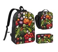 KOUUIP Introduction of various vegetables print Backpacks With Lunch Pack Pencil Case 3pcs, Lightweight Bookbag Unisex for Traveling