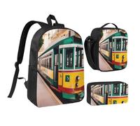 KOUUIP lisbon tram pattern print Backpacks With Lunch Pack Pencil Case 3pcs, Lightweight Bookbag Unisex for Traveling