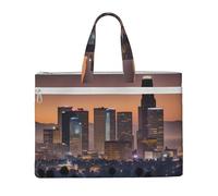 KOUUIP Los Angeles Skyline Canvas Document Bag with Print 10.6 * 15 Inch, 2 Zipper Pockets, Clutter-Free for Office Files