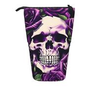 KOUUIP many Purple Rose Skull print Telescopic Pencil Bag Pen Holder Stationery Case, Stand-up Retractable Bag Standing Organizer