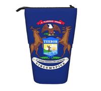 KOUUIP Michigan State Flag print Telescopic Pencil Bag Pen Holder Stationery Case, Stand-up Retractable Bag Standing Organizer