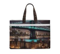 KOUUIP New York Manhattan Bridge Night Canvas Document Bag with Print 10.6 * 15 Inch, 2 Zipper Pockets, Clutter-Free for Office Files