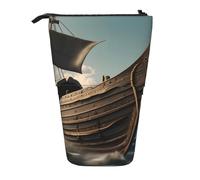 KOUUIP Old Viking Boat print Telescopic Pencil Bag Pen Holder Stationery Case, Stand-up Retractable Bag Standing Organizer