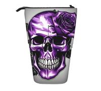 KOUUIP Purple Rose and Skull print Telescopic Pencil Bag Pen Holder Stationery Case, Stand-up Retractable Bag Standing Organizer