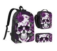 KOUUIP Purple Rose skeleton print Backpacks With Lunch Pack Pencil Case 3pcs, Lightweight Bookbag Unisex for Traveling