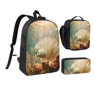 KOUUIP Retro Mermaid print Backpacks With Lunch Pack Pencil Case 3pcs, Lightweight Bookbag Unisex for Traveling