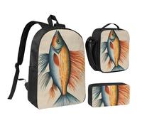 KOUUIP Safflower Flying Fish print Backpacks With Lunch Pack Pencil Case 3pcs, Lightweight Bookbag Unisex for Traveling