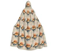 KOUUIP Safflower Flying Fish print Medieval Hooded Cloak with hood Cape Adult Halloween Cosplay Robe Wizard Costume For Women Men