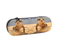 KOUUIP Sand Leopard Gecko Print Leather Pencil Case with Internal Pen Clips, Waterproof Gadget Organizer for Men & Women