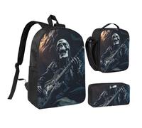 KOUUIP Skull Rock Roll Skeleton Bone print Backpacks With Lunch Pack Pencil Case 3pcs, Lightweight Bookbag Unisex for Traveling