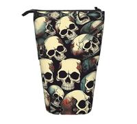 KOUUIP Skull Skeleton print Telescopic Pencil Bag Pen Holder Stationery Case, Stand-up Retractable Bag Standing Organizer