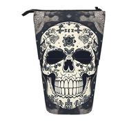 KOUUIP Skull Yoga and flower print Telescopic Pencil Bag Pen Holder Stationery Case, Stand-up Retractable Bag Standing Organizer