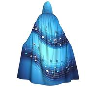 KOUUIP Sky blue musical notes print Medieval Hooded Cloak with hood Cape Adult Halloween Cosplay Robe Wizard Costume For Women Men