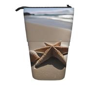 KOUUIP Starfish Seashell Sandy Beach print Telescopic Pencil Bag Pen Holder Stationery Case, Stand-up Retractable Bag Standing Organizer, Black, One Size