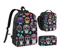 KOUUIP Sugar Skull print Backpacks With Lunch Pack Pencil Case 3pcs, Lightweight Bookbag Unisex for Traveling