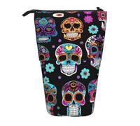 KOUUIP Sugar Skull print Telescopic Pencil Bag Pen Holder Stationery Case, Stand-up Retractable Bag Standing Organizer, Black, One Size