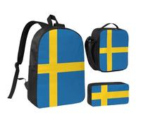 KOUUIP Swedish flag print Backpacks With Lunch Pack Pencil Case 3pcs, Lightweight Bookbag Unisex for Traveling
