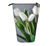 KOUUIP White Tulips Flowers print Telescopic Pencil Bag Pen Holder Stationery Case, Stand-up Retractable Bag Standing Organizer