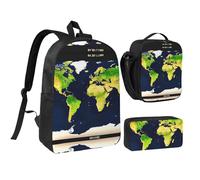 KOUUIP World Map print Backpacks With Lunch Pack Pencil Case 3pcs, Lightweight Bookbag Unisex for Traveling