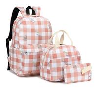 Kouxunt Checkered Girls School Backpacks for Kids Teens, 3-in-1 School Bag Bookbags Set with Lunch Bag Pencil Case (Bear Rabbit Pink)
