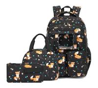 Kouxunt Fox School Backpack for Teens Girls, 3PCS Refrigerator Door Backpacks with Insulated Lunch Box Pencil Bag for Kids Women Students (Black)
