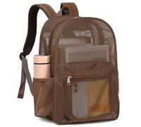 Kouxunt Heavy Duty Mesh Backpack, See Through Backpack for School Working Travel Beach, Coffee, L