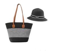 Kovake Women Straw Bag and Hat Set, Raffia Beach Bag with Zip, Summer Sun Hat Woven Tote Bag Handbag Bucket Cap for Vacation Travel