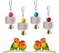 Kovcfon 4Pcs Bird Teeth Grinding Chew Treats Toy with Bell Beak Grinding Stones Toys Parrot Cages Training Hanging Chew Toys Bird Cage Accessories for Parakeets