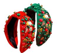 Kovewon 2 Pcs Christmas knotted Headbands for Women Girls Red Green Pearl Rhinestone Headband with Candy Cane Xmas Tree Santa Accessories Winter Christmas Holiday Gifts for Women