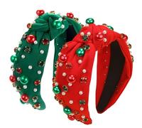 Kovewon 2 Pcs Christmas knotted Headbands for Women Girls Red Green Pearl Rhinestone Headband with Jewel Crystal Winter Christmas Holiday Gifts for Women