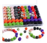 Kovict 100PCS Mix Multicolor Halloween Print Silicone Beads Hexagon Acrylic, 15mm Silicone Beads for Keychain Making 10mm Rondelle Rhinestone Spacer for Bracelet Necklace DIY Crafts