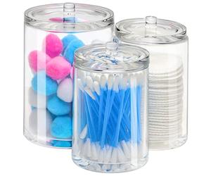 Kovira Qtip Holder Dispenser for Cotton Ball - 3 Joint Compartment Plastic Apothecary Jars for Bathroom Canisters, Vanity Makeup Organizer - Dispenser for Cosmetic, Makeup, Cotton Swabs & Rounds, Buds