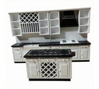 kowaku 3 Pieces Small Scale Kitchen Set for Dollhouse with Wood Table and Two Cabinets with Sink and Cooktop Features